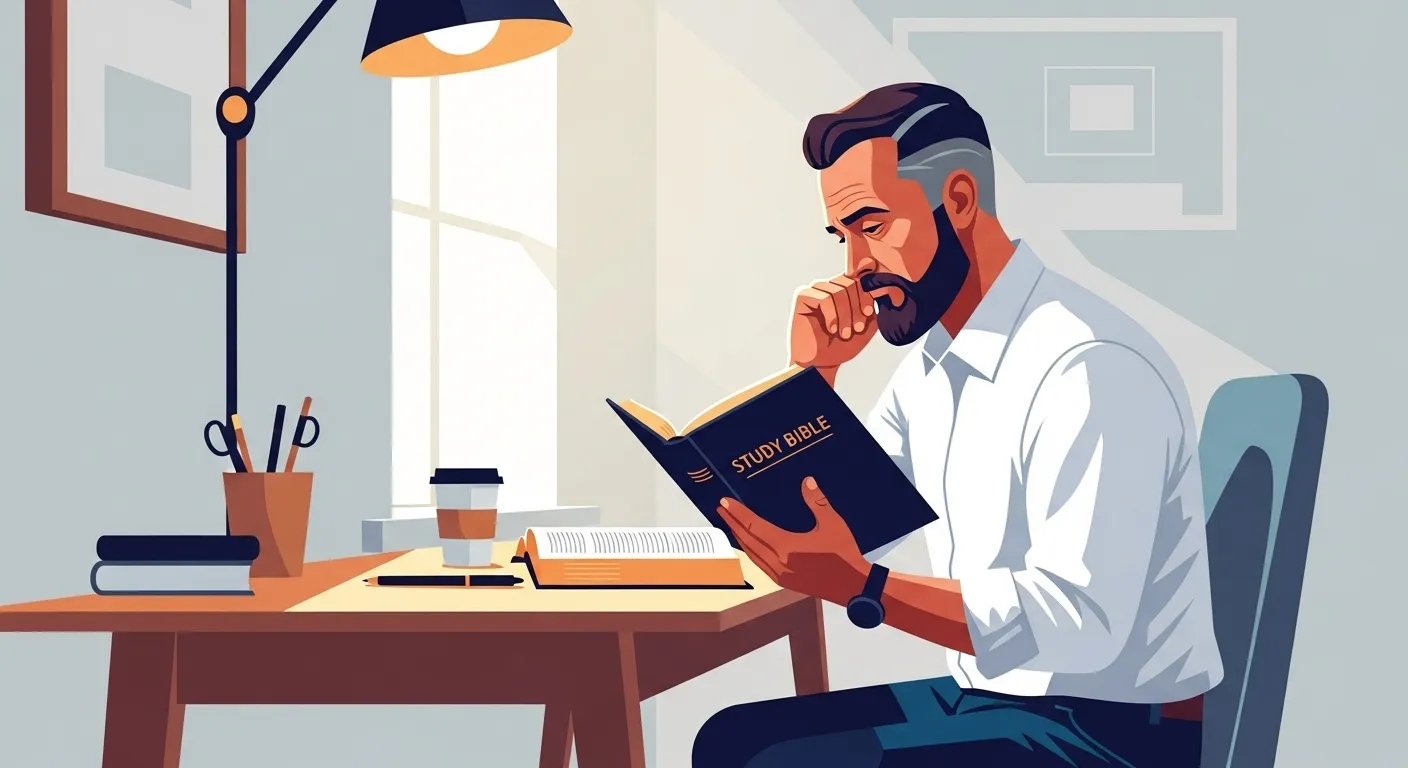 A person thoughtfully reading a study Bible in a well-appointed study