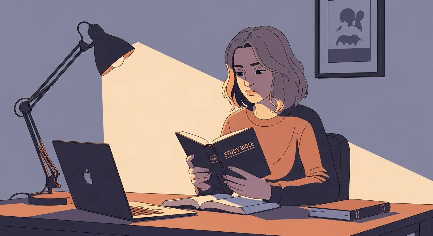 A believer using AI technology to study scripture in a modern setting