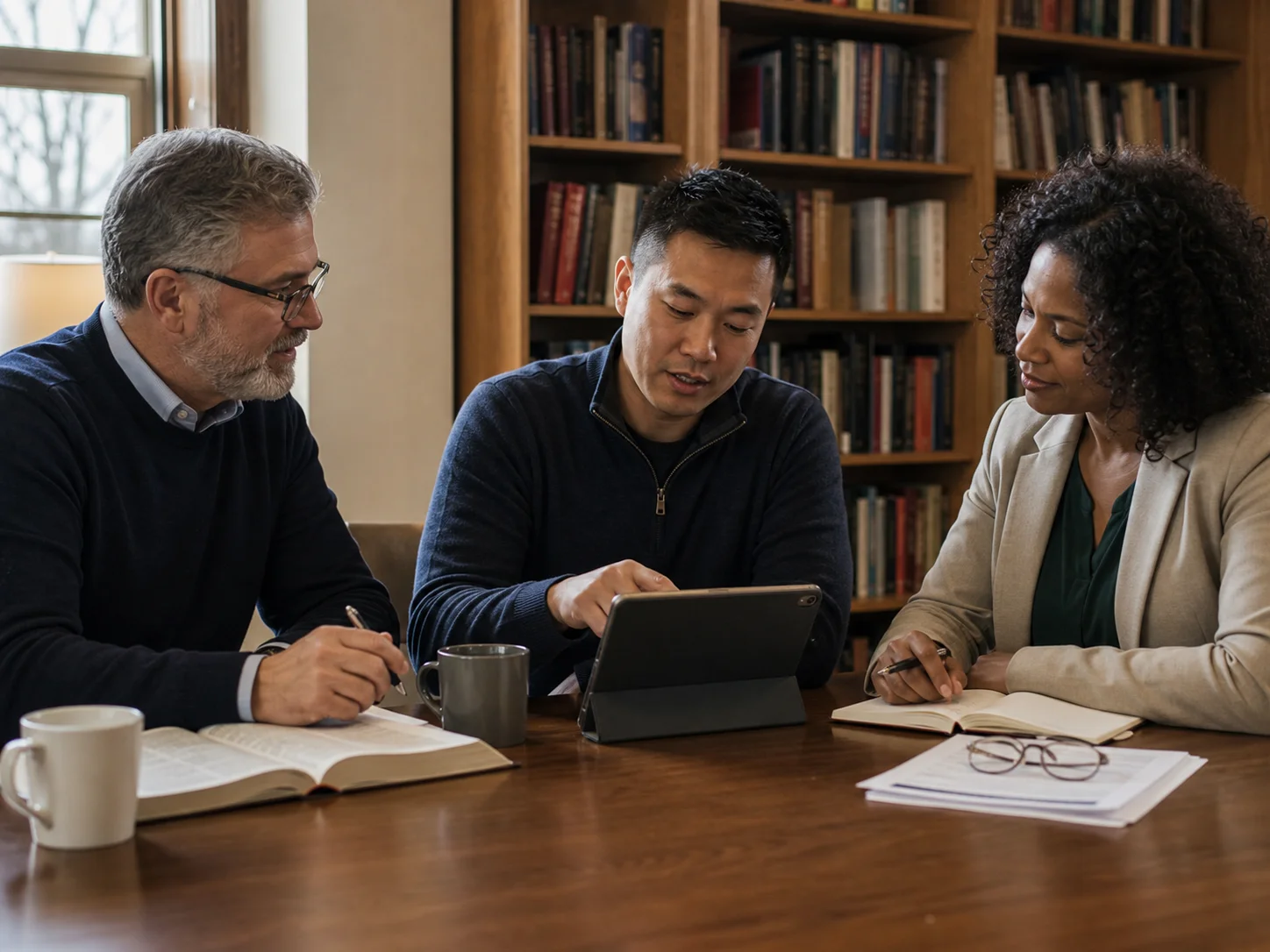 Three ministry leaders preparing together with a tablet, Bible, and notes.
