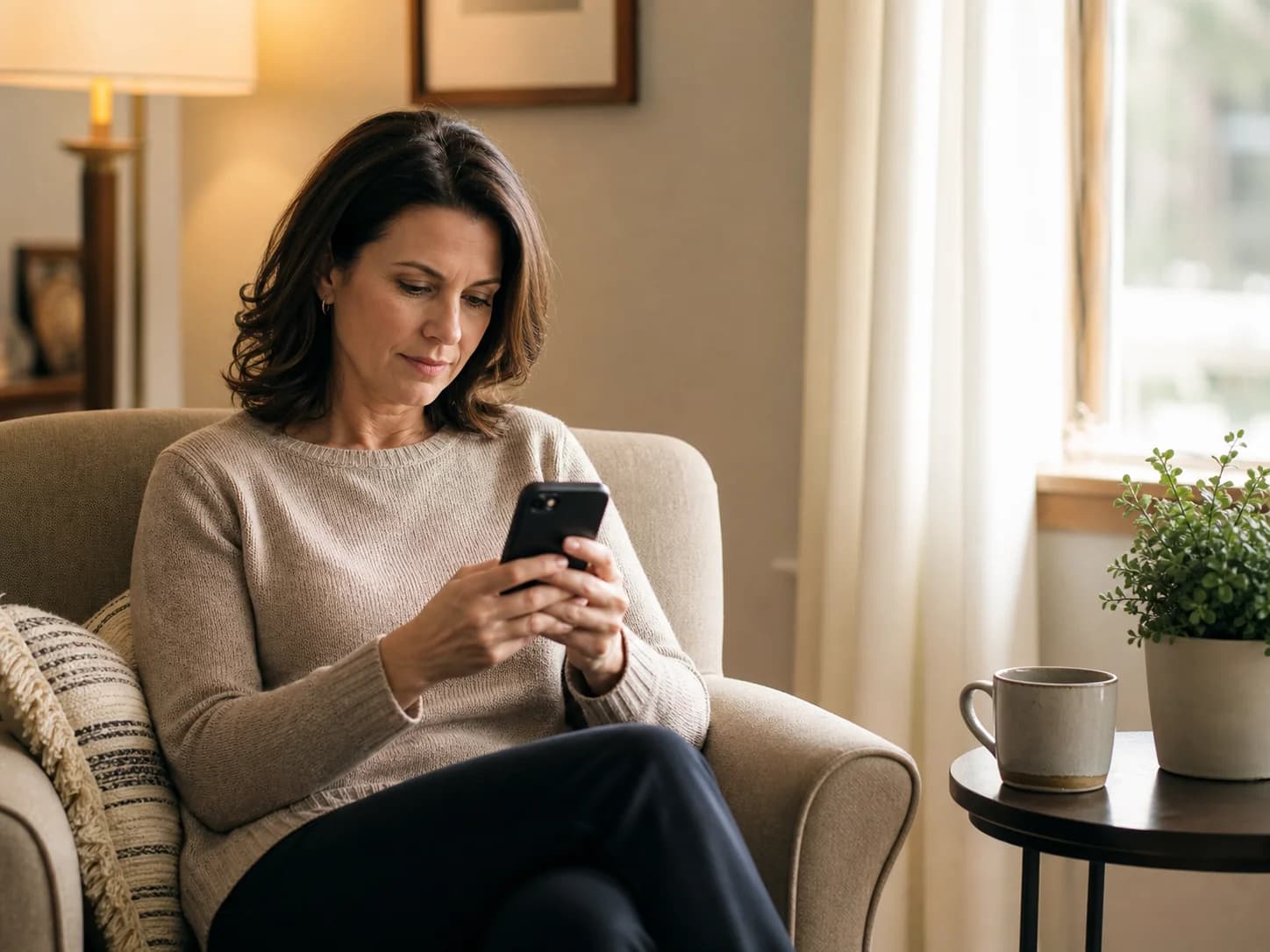 Church member studying with her phone and a notepad at home.