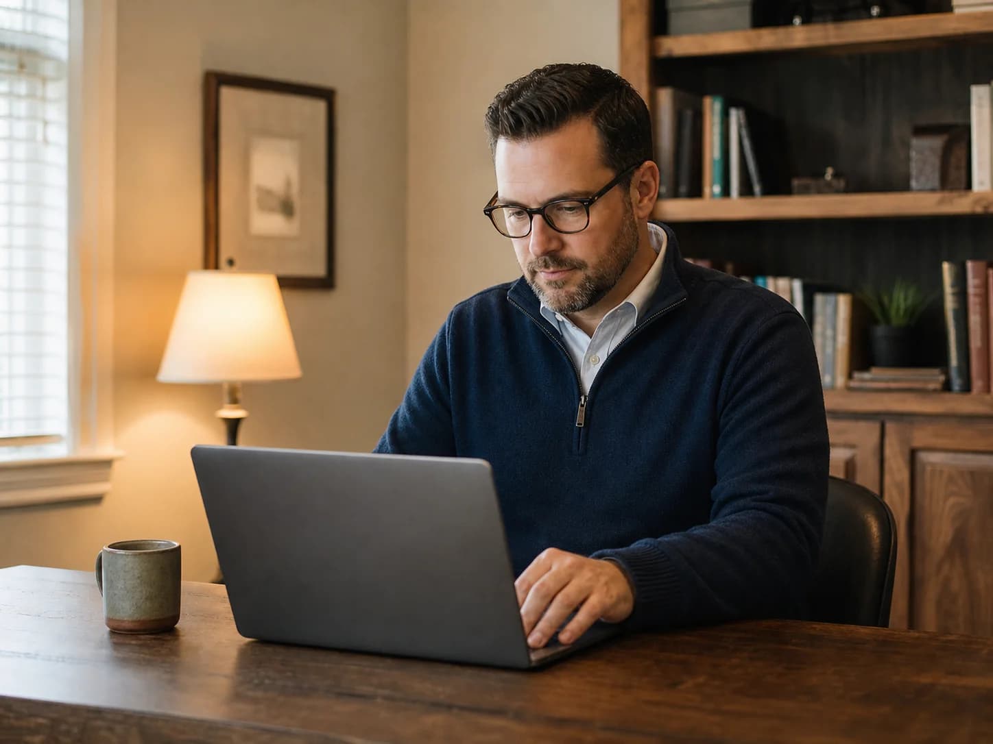 Pastor preparing a sermon on his laptop in a church office.