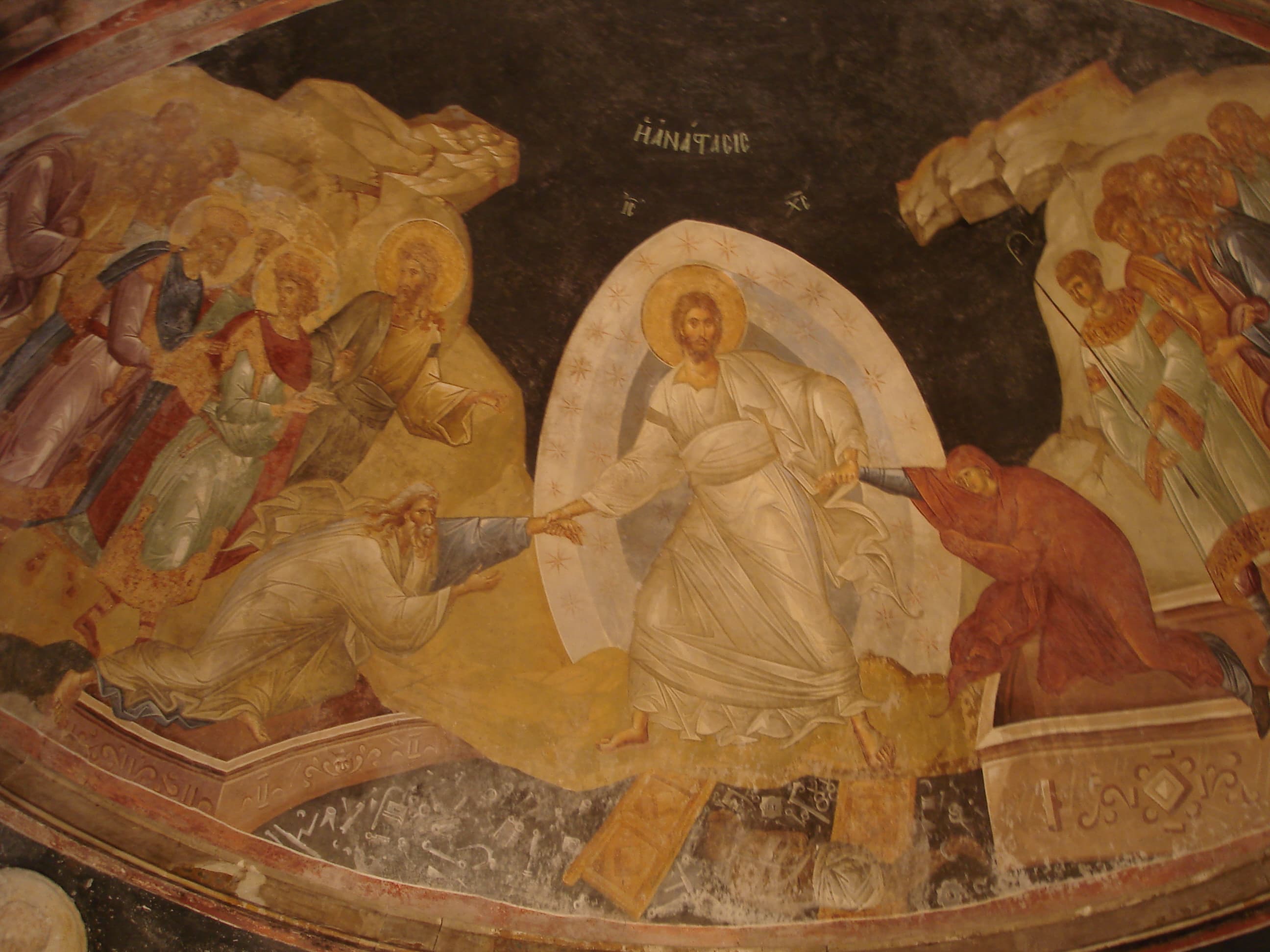 Fourteenth-century Anastasis fresco in the Chora Church showing Christ raising Adam and Eve from Hades