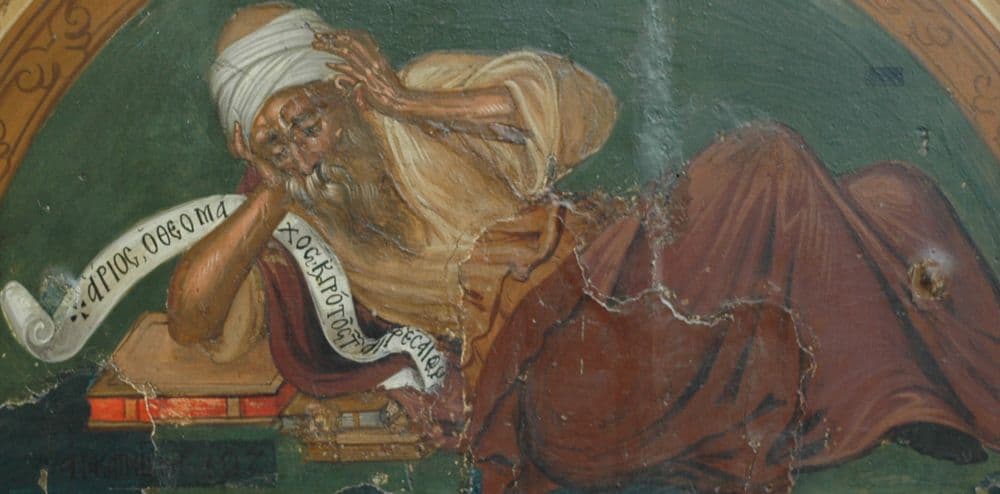 Arius - detail of Byzantine icon depicting the First Council of Nicaea .
