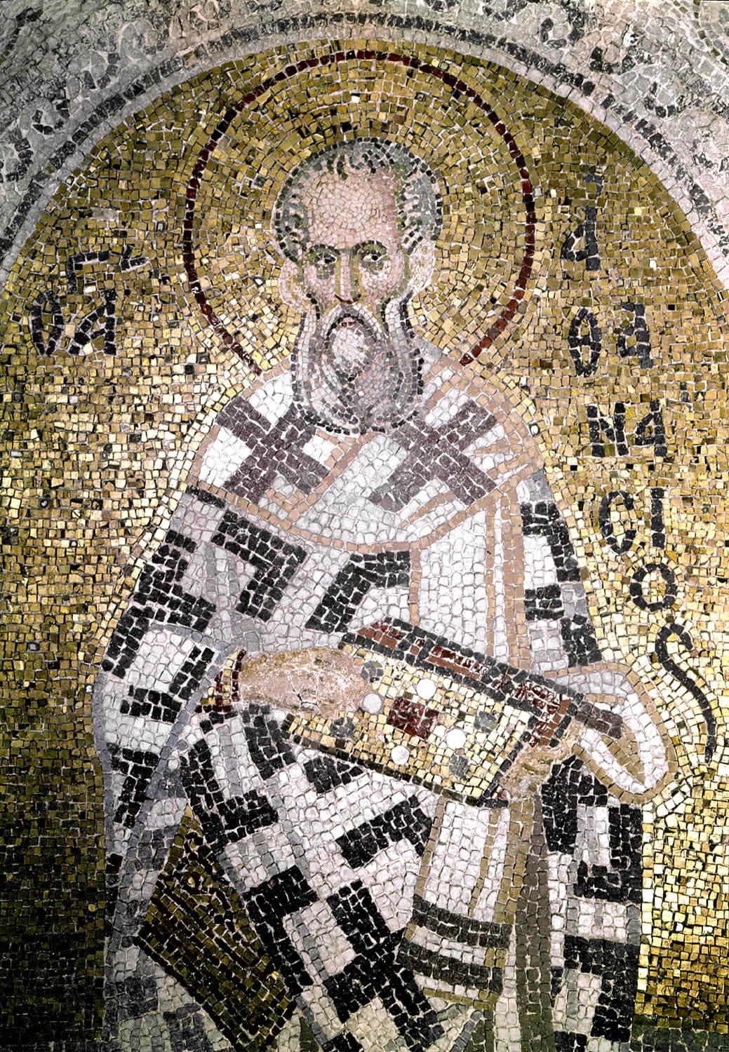 Fethiye Camii, parekklesion, diakonikon, mosaics, Istanbul, Turkey - South wall, St. Athanasius, detail of upper half, illustrating Athanasius