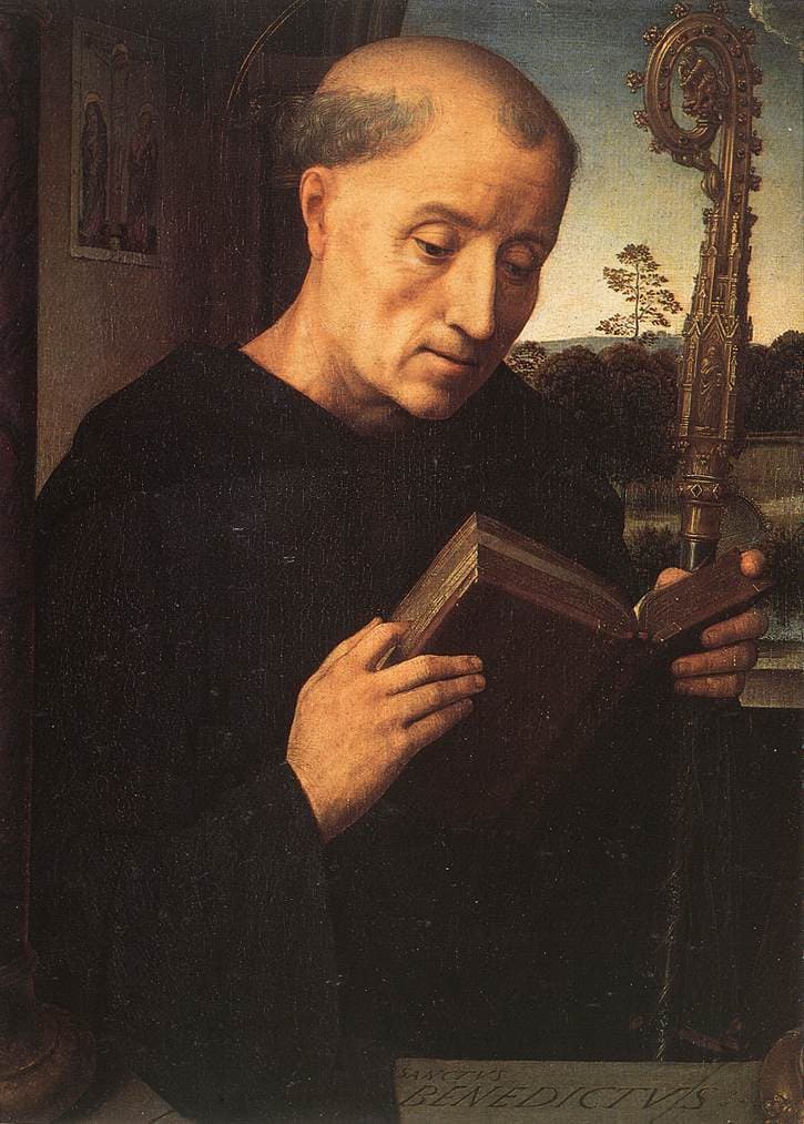 Portinari Triptych (left wing), illustrating Benedict