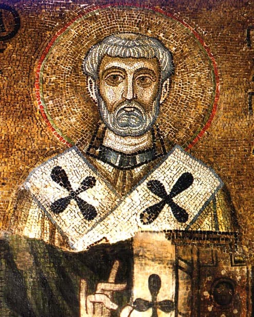 Clemens I, the Pope of Rome. Mosaic from St. Sophia of Kyiv, 11th c. In places of loss (lower part of the composition) — oil painting of the 18th c.