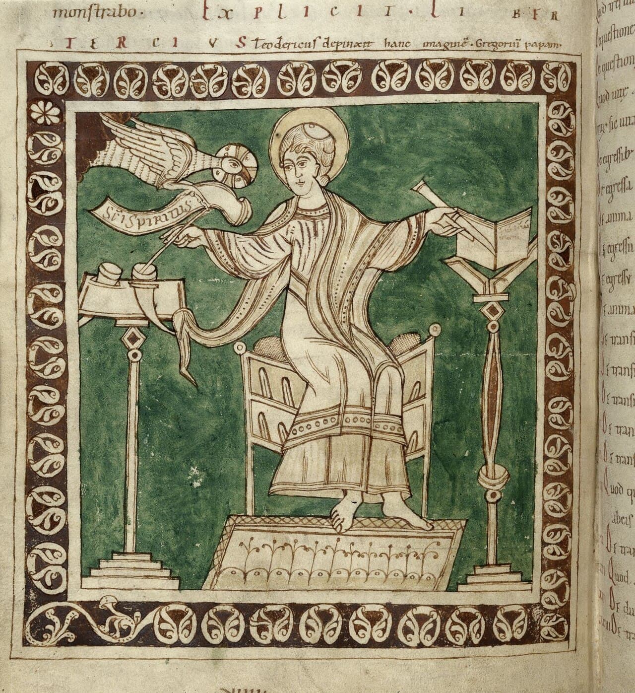 Detail of a miniature of Gregory the Great writing, inspired by the Holy Spirit represented as a dove.