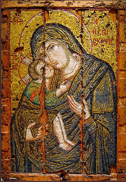 Mosaic icon with the Virgin of Tenderness, with the eponym "Episkepisis"("The Visitation").