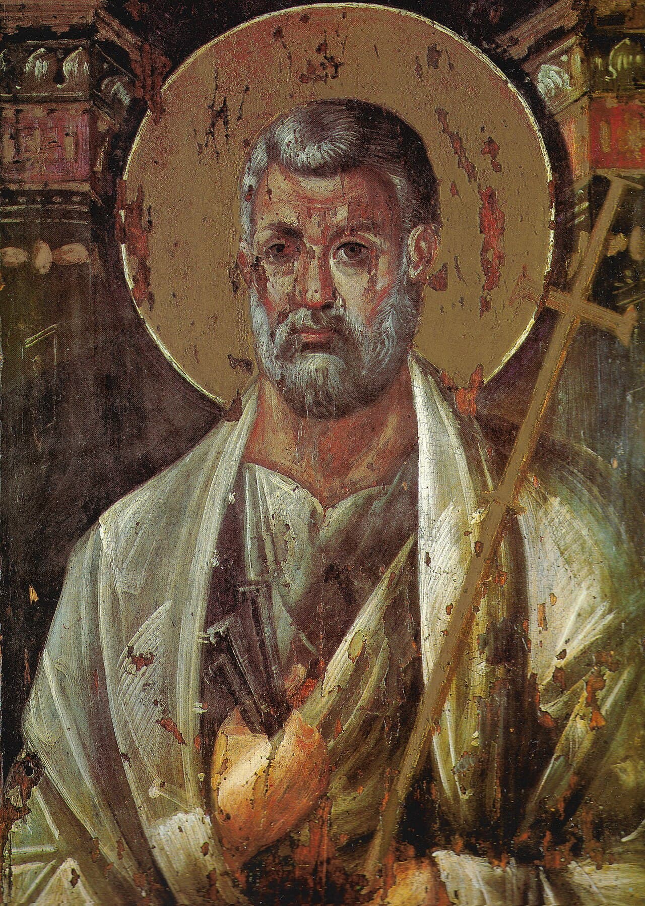 Cropped image of the early 6th-century encaustic Byzantine icon depicting Saint Peter the Apostle.