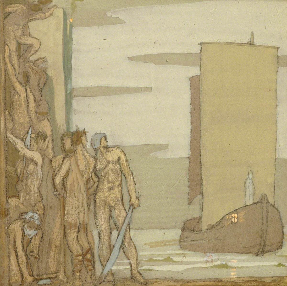 Saint Patrick arrives by boat in Ireland as figures watch from the shore