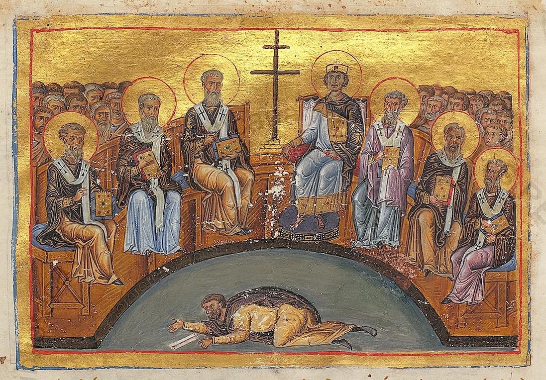Eleventh-century manuscript illumination representing the Second Council of Nicaea of 787