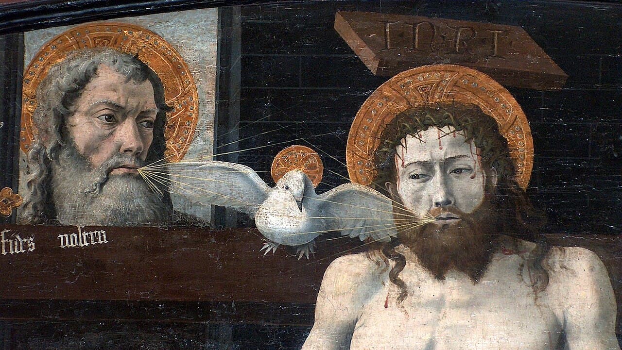 The doctrine of the Filioque , from the Boulbon Altarpiece: The Trinity with a donor presented by St. Agricol. Provence, ca. 1450. From the the high altar of the chapelle Saint-Marcellin, Boulbon, France.