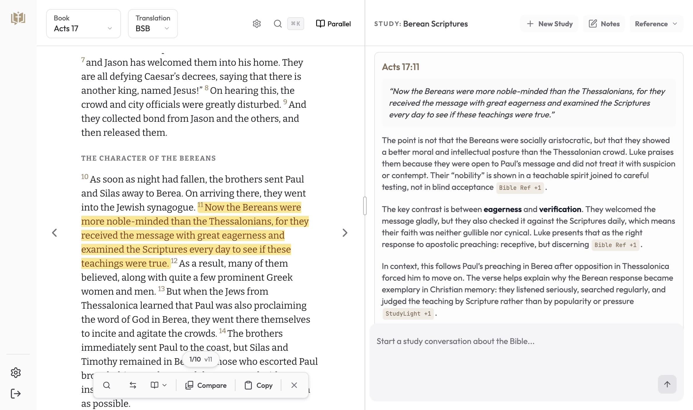 Lumenology study view with Research Assistant conversation on Acts 17:11 and the Bereans